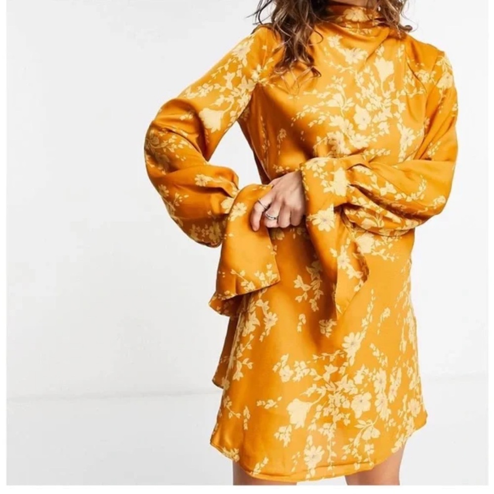 Free‎ People Aries Floral High Neck Open Back Gold Boho Mini Dress Size Small